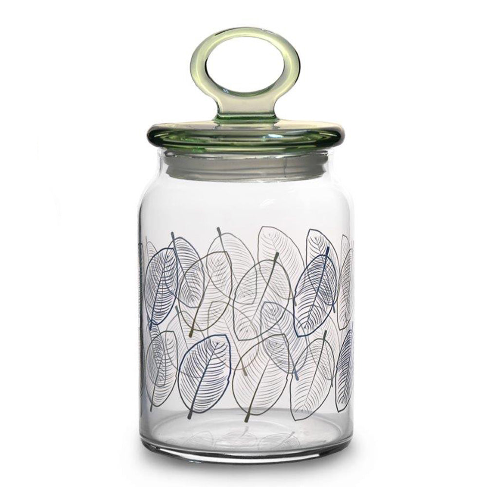 Glass Jar With Leaves Print And Lid - 860ml