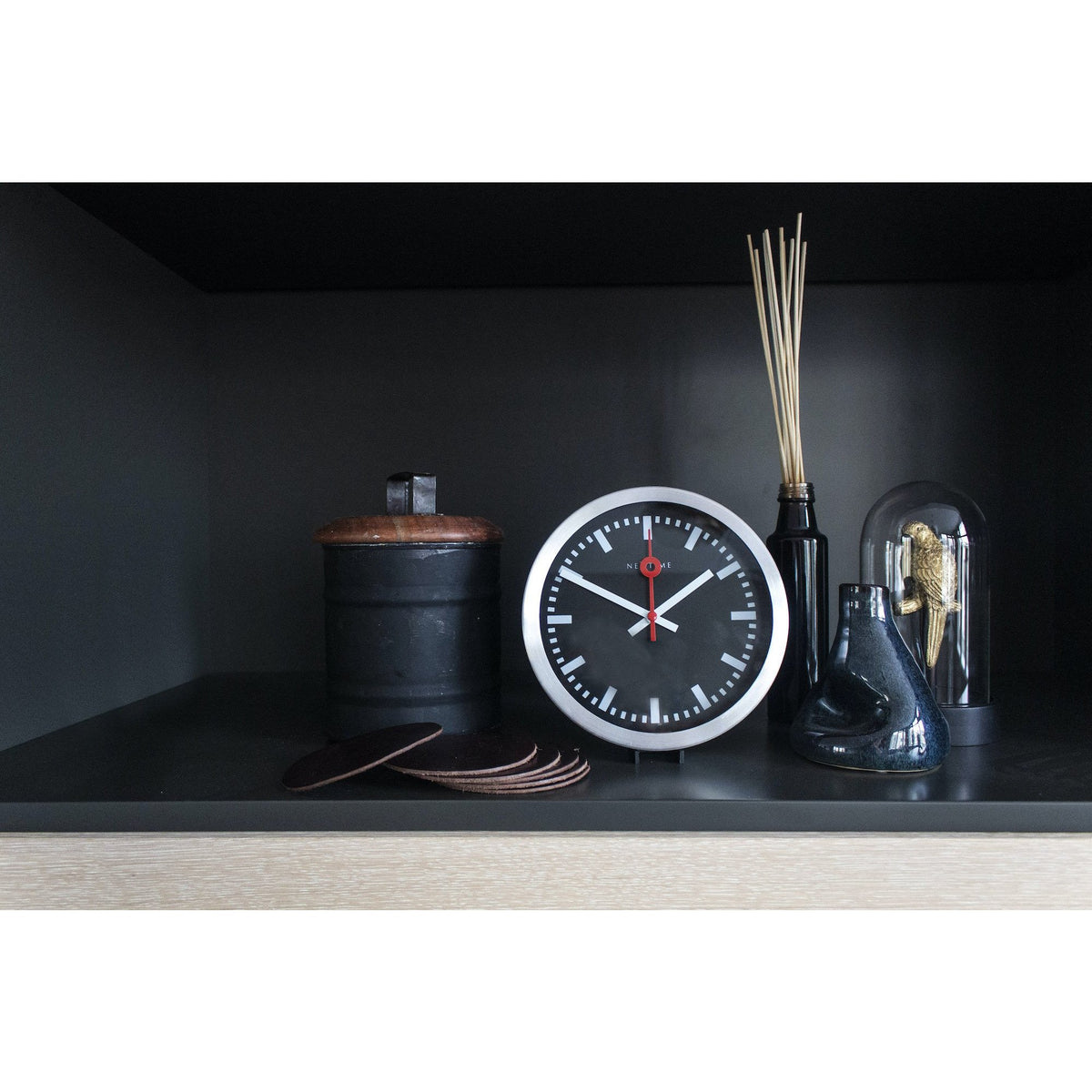 NeXtime - Wall clock/Table clock- Ø 19 cm – Aluminum – Black – &#39;Station Stripe&#39;
