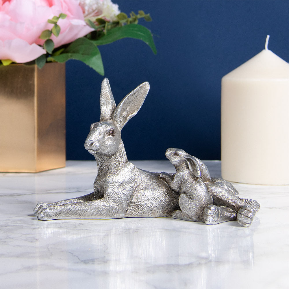 Silver Lying Hare and Baby Ornament Figurine