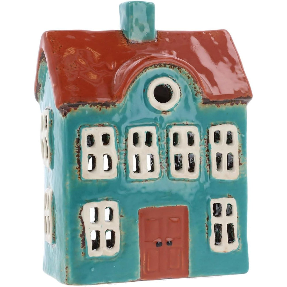 Village Pottery Green & Burnt Orange Candle Tealight House