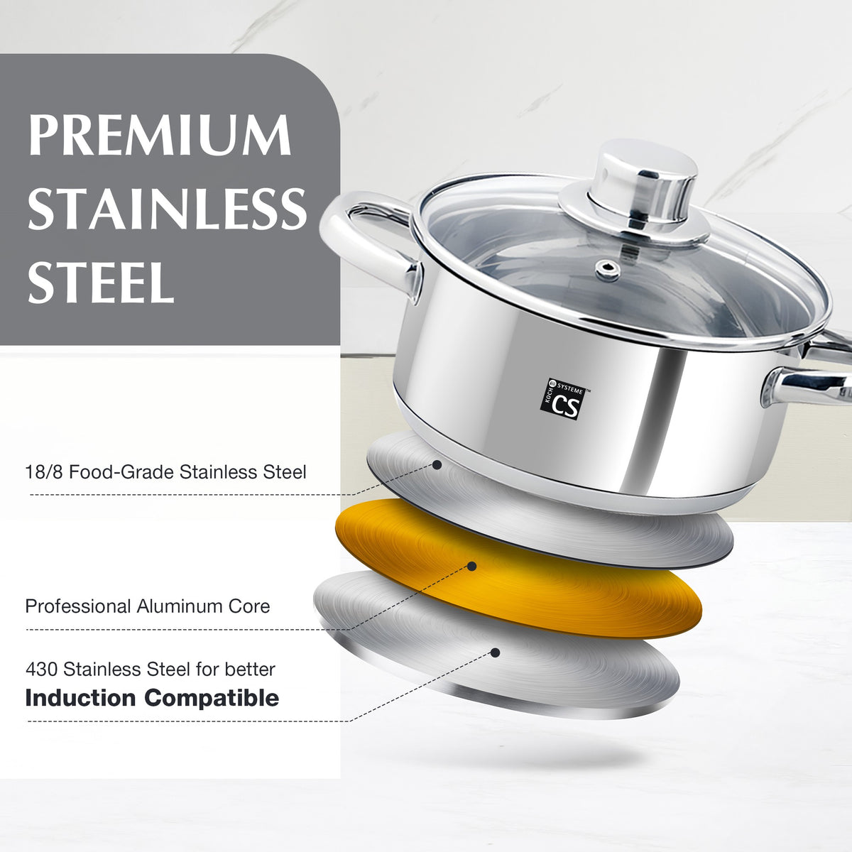 Belm Stainless Steel Cookware, Utensil & Accessories Set - 16 Piece