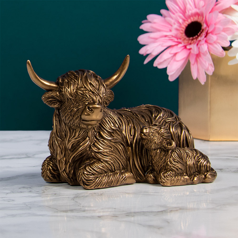 Bronze Highland Cow & Calf Figurine Ornament