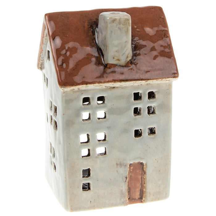 Pale Grey Town House Tealight Holder