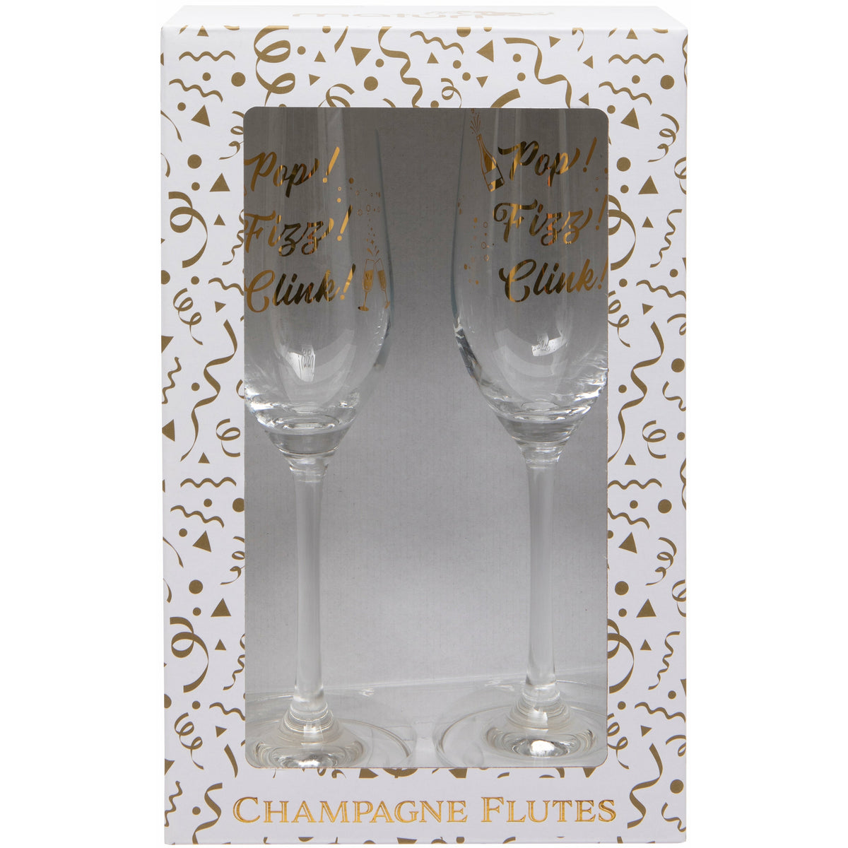 Set of Two &#39;Pop, Fizz, Clink&#39; Champagne Flutes Boxed