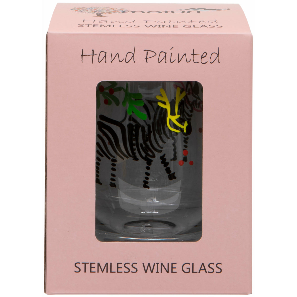 Hand Painted Zebra Stemless Wine Glass in Box