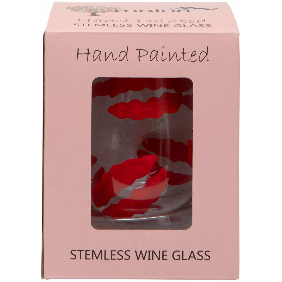 Hand Painted Kiss Stemless Wine Glass in Box