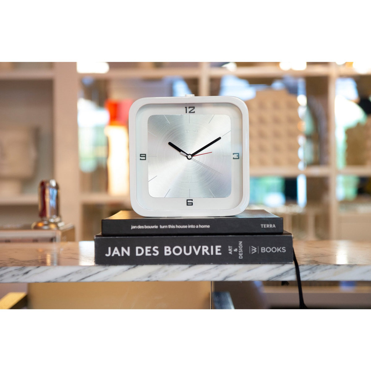 NeXtime - Table clock - 20 x 20 x 6 cm - Wood - White - &#39;Square Alarm&#39;