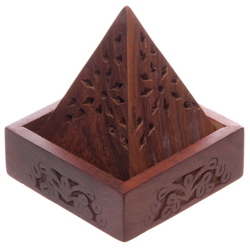 Sheesham Wood Pyramid Incense Cone Box with Flower Fretwork