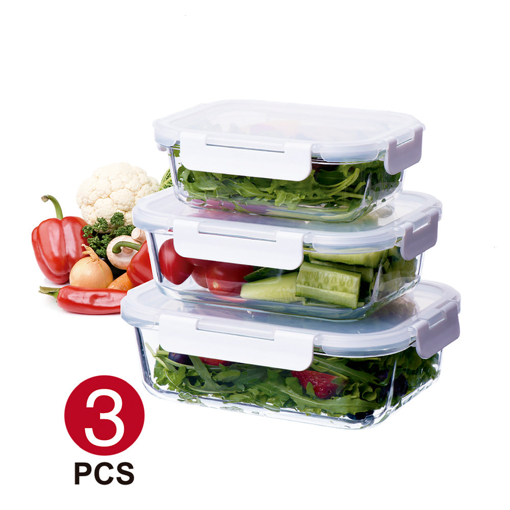 Tempered Glass Rectangular Food Storage with Lockable Lids - Set of 3