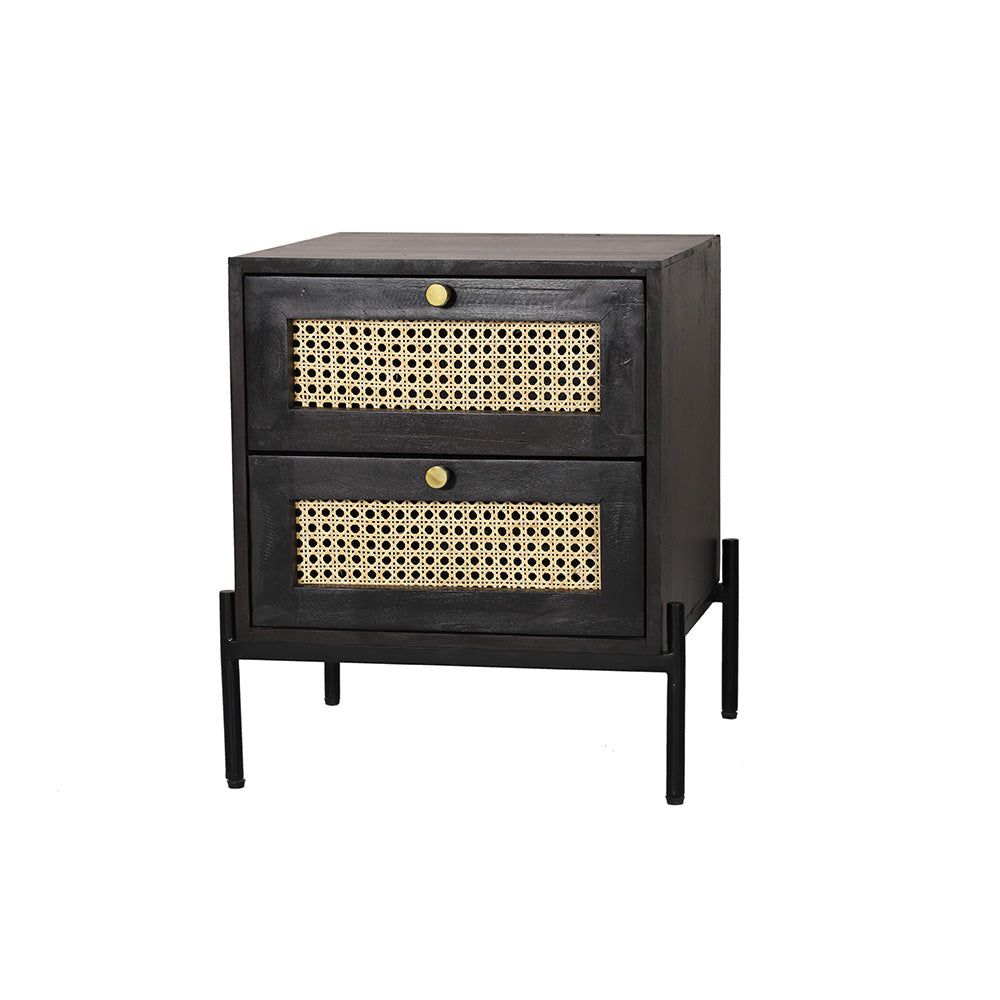 Rattan Black Mango Wood Bedside Table