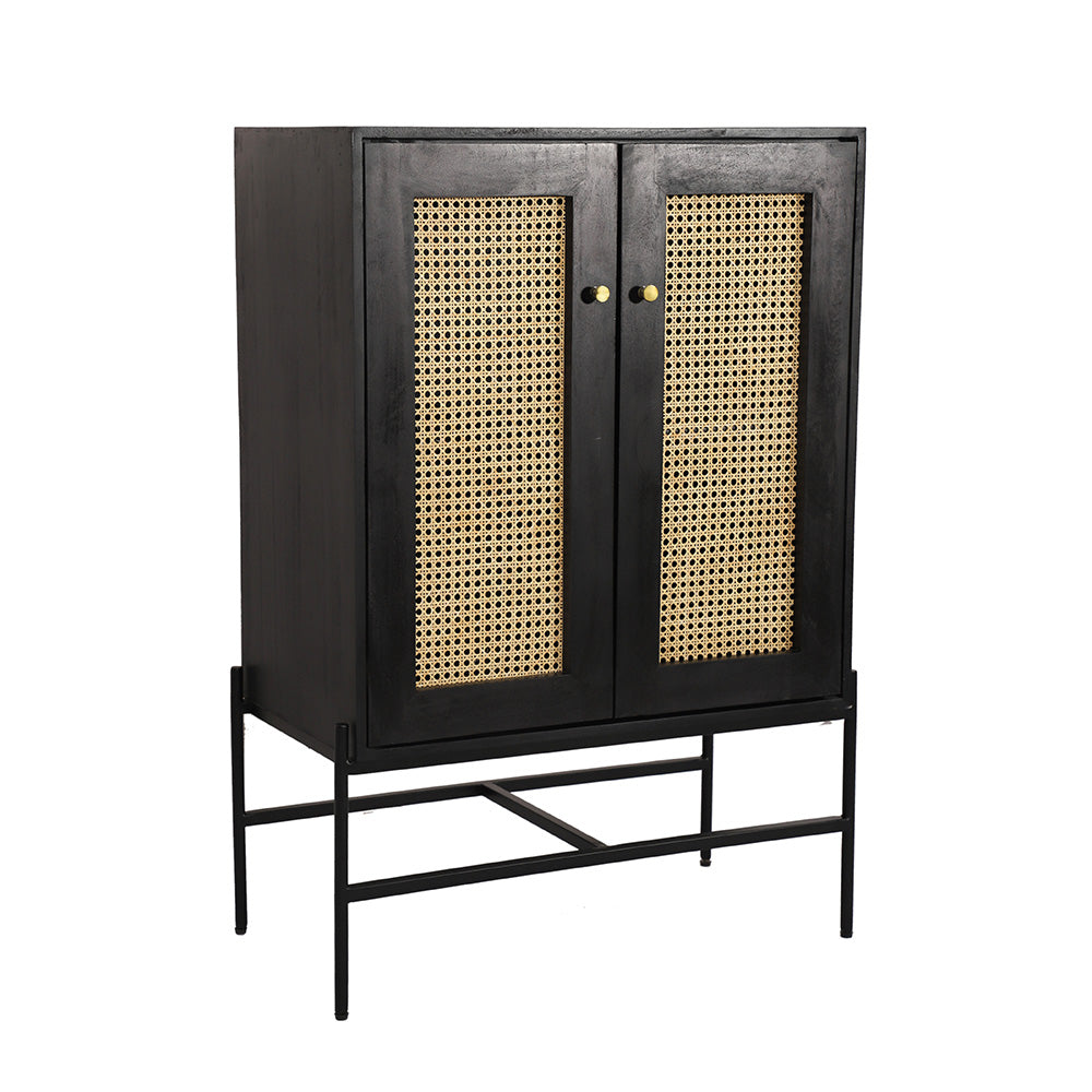 Rattan Black Mango Wood Tall Sideboard