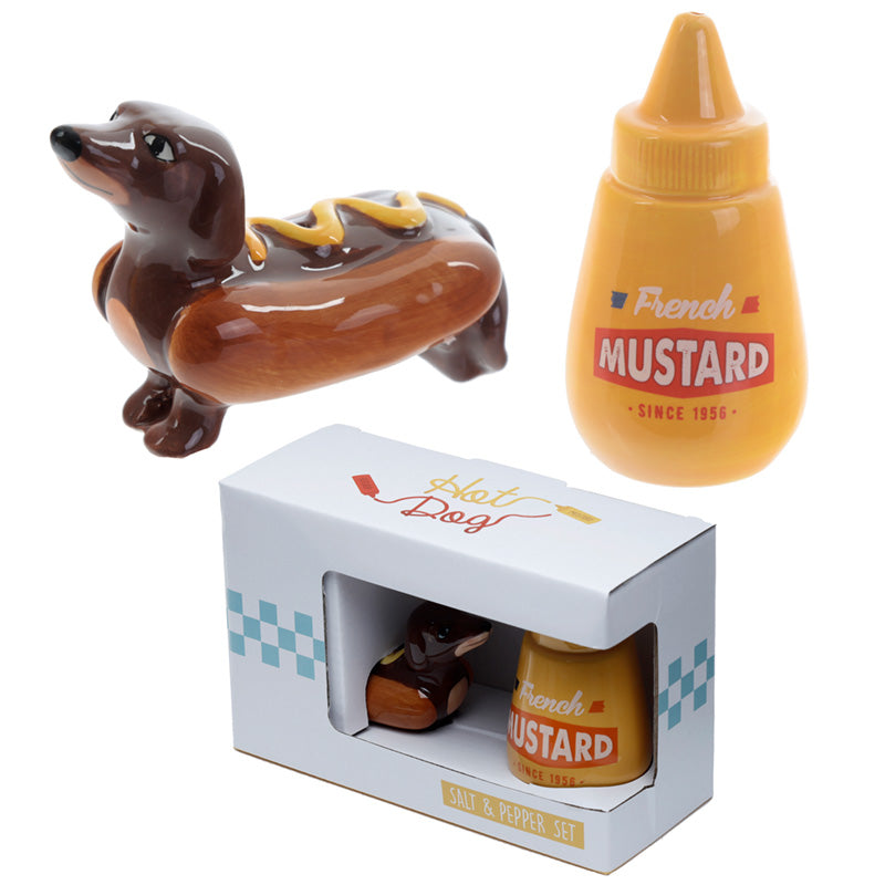 Sausage Dog in a Bun and Mustard Fast Food Ceramic Salt and Pepper Set
