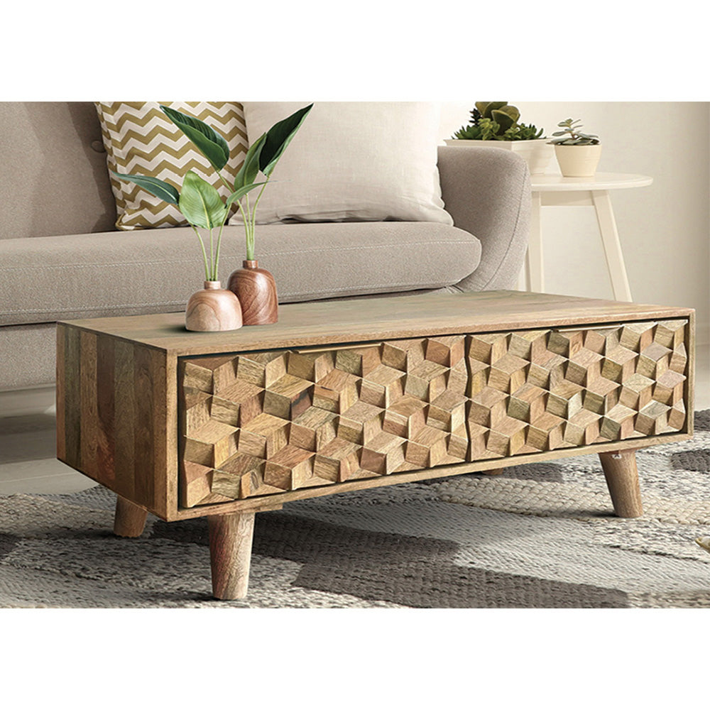Geometric Mango Wood Coffee Table with Drawers